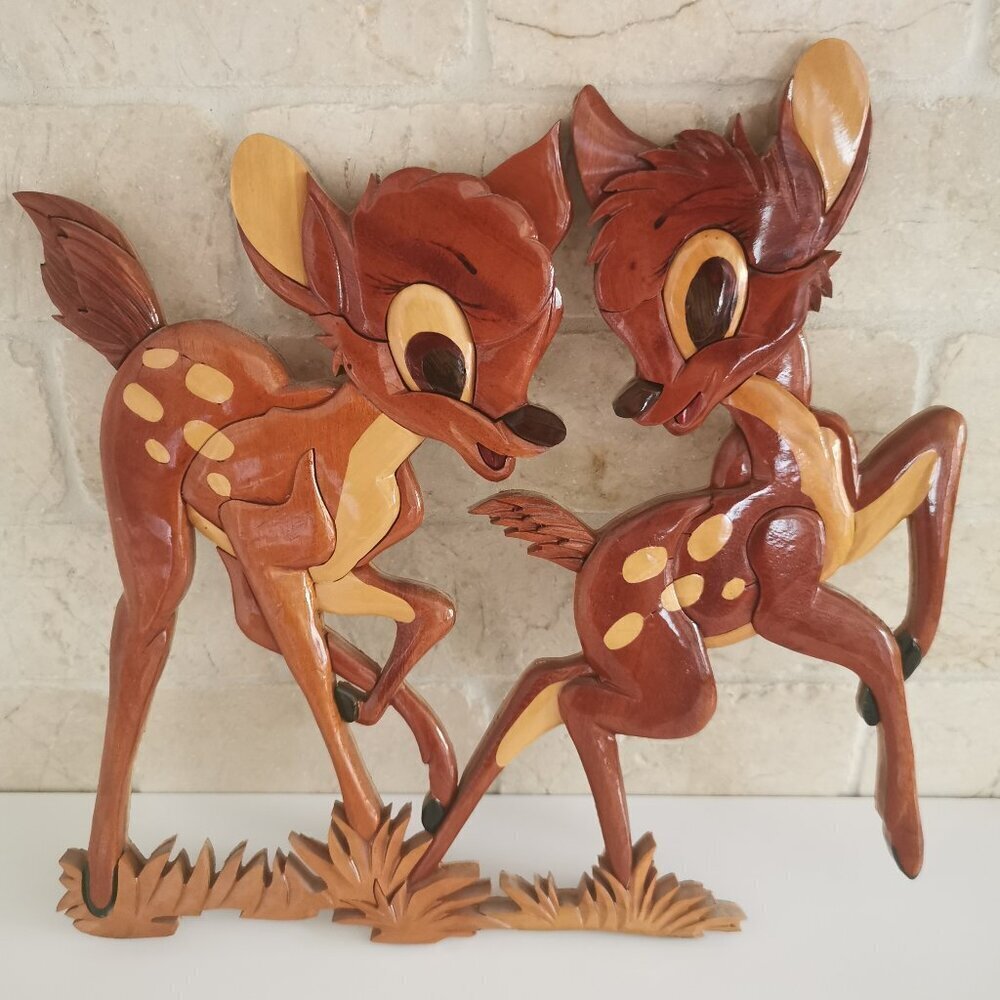 Vintage Disney Bambi Intarsia Wood Wall Hanging Handcrafted Faline Deer 12" H